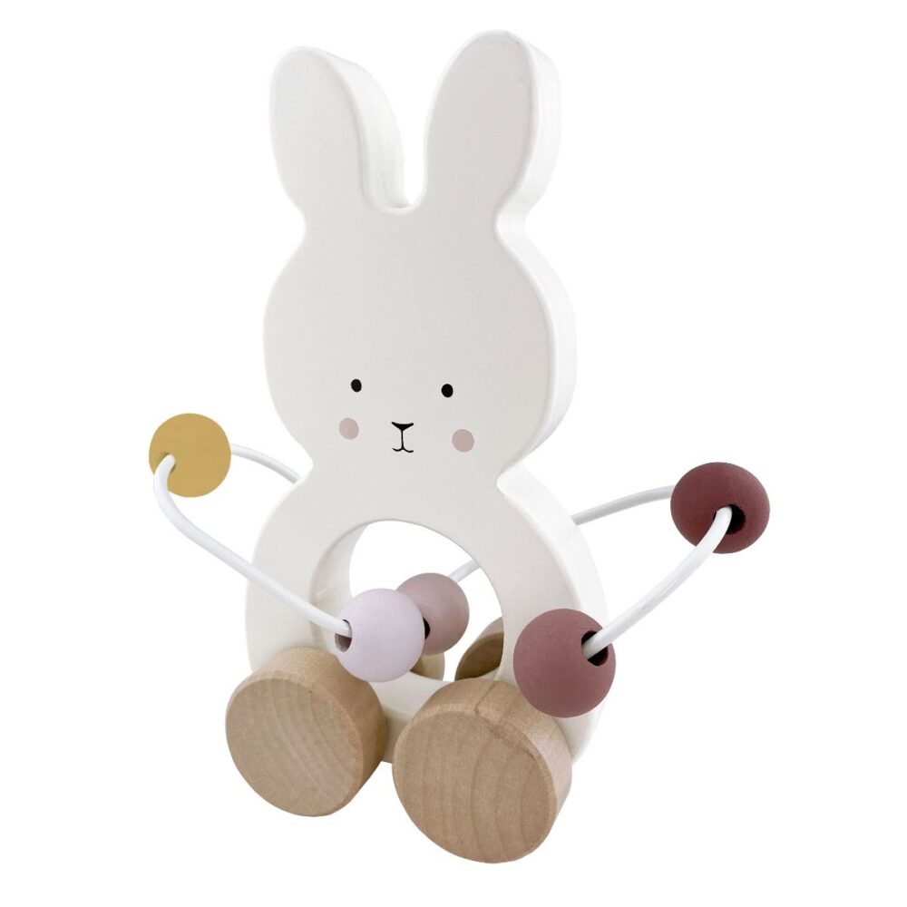 A wooden bunny abacus that can roll of the ground due to its wooden wheels. The abacus has moving beeds