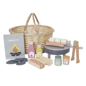 Empty wooden wicker basket with wooden toy BBQ contents around the basket