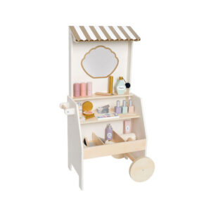 A tall standing, wooden beauty salon which comes with wooden makeup parts. The stand has 2 shelves and many little compartments. A mirror on the front too