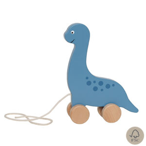 Pull along blue wooden dinosaur with string