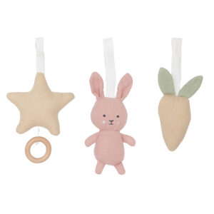 Attachable soft baby gym toys. A musical star, pink soft bunny and carrot