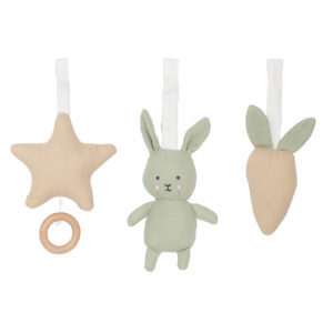 Attachable baby gym soft toys. This includes a musical star, a green bunny and a soft carrot